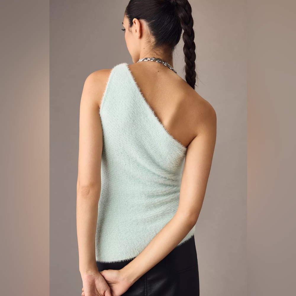 Anthropologie One-Shoulder Light Mint Blue Eyelash Sweater Tank - Picture 4 of 9